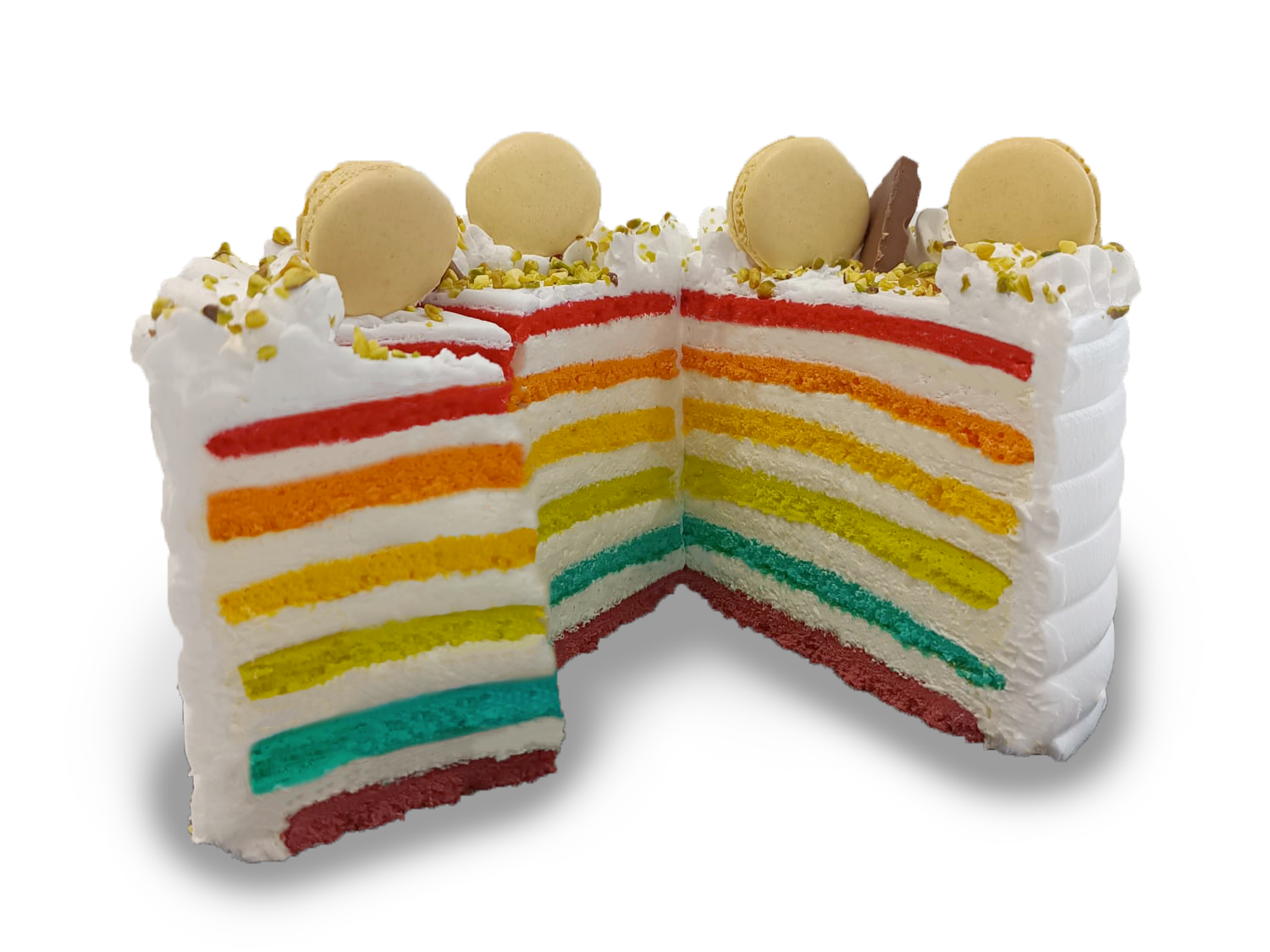 Rainbow cake con strati di biscuit colorati e farcitura bianca di mousse al limone.